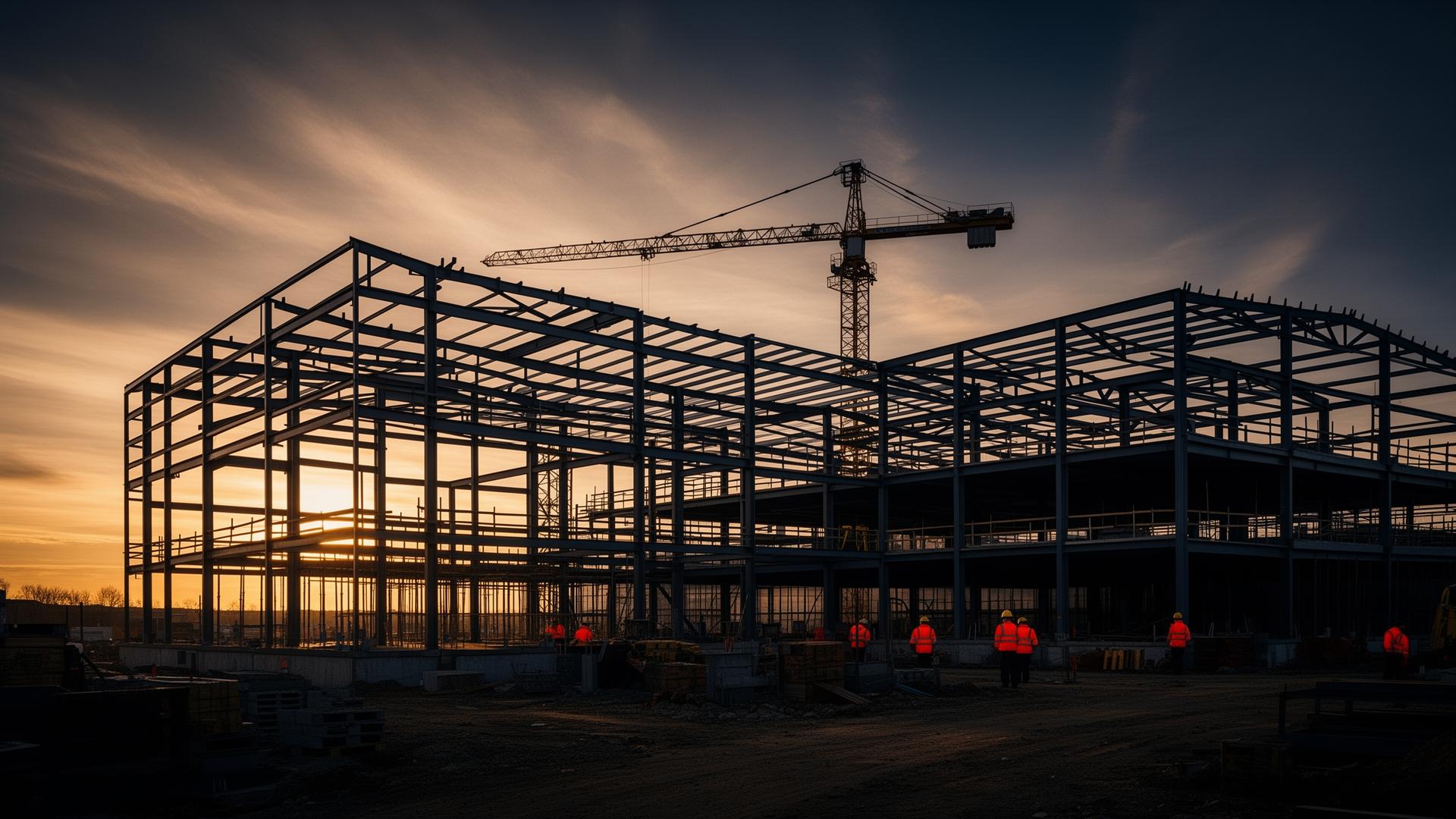 Steel-frame commercial construction site at golden hour with cranes against the sky
